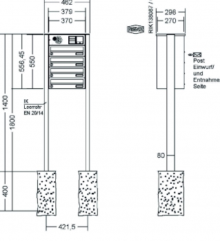 RENZ Briefkastenanlage freistehend, Basic B, Edelstahl V4A, Kastenformat 370x110x270mm, mit Klingel - & Lichttaster und Vorbereitung Gegensprechanlage, 4-teilig, zum Einbetonieren